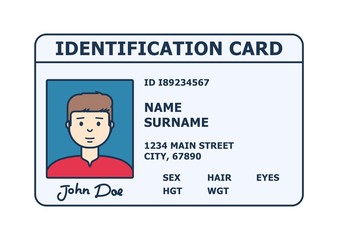 Person identification badge. Id plastic card with personal data and photo. Flat style isolated. Vector illustration.