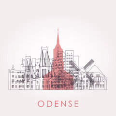 Fototapeta premium Nakreśl panoramę Odense z punktami orientacyjnymi. Ilustracji wektorowych. Podróże służbowe i koncepcja turystyki z zabytkowymi budynkami. Obraz do prezentacji, baneru, afisz i strony internetowej.