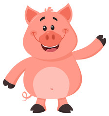 Plakat Cute Pig Cartoon Character Waving For Greeting. Vector Illustration Flat Design Isolated On White Background