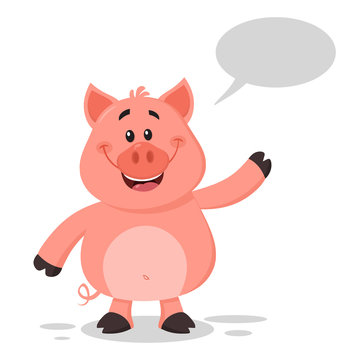 Happy Pig Cartoon Character Waving For Greeting Vector Illustration Flat Design Isolated On White Background With Speech Bubble.