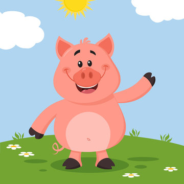 Cute Pig Cartoon Character Waving For Greeting. Vector Illustration Flat Design With Landscape Background