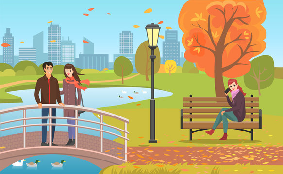 Autumn Park with Pond, Couple and Woman on Bench