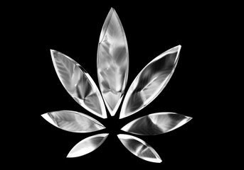 Cannabis leaf made from glass or ice on black background. Ice marijuana leaf. Stylish glass cannabis leaf drug marijuana herb, 3D illustration. Marijuana element for logo, banner or flyer design.