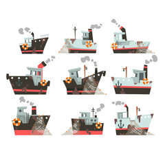 Collection of fishing boats, trawlers for industrial seafood production, retro marine steamers vector Illustration
