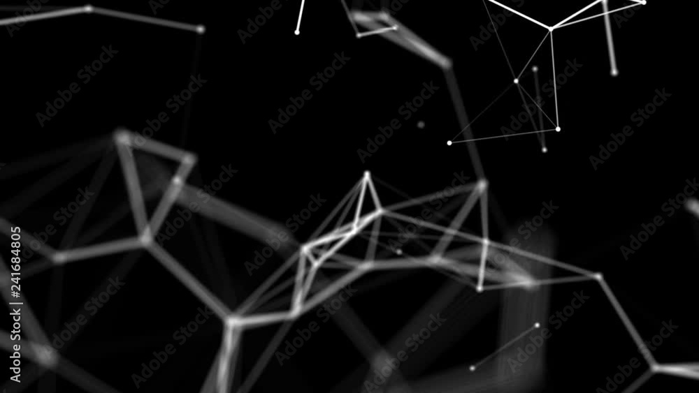 Poster white dots are connected by lines slowly fly on a black background. 3d rendering