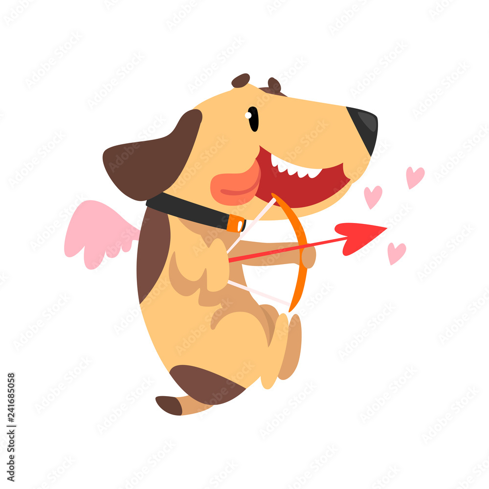 Poster Funny Jack Russell Terrier dog with wings and arrow, cute Cupid animal character vector Illustration