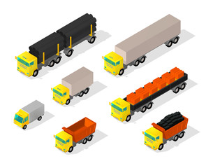 Truck set cars. Trailer delivery industry and construction. Truck with coal. Machine with pipes and bricks in the truck