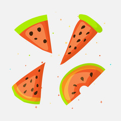 Sweet a slice of watermelon with green skin set on white background cartoon icon. Fun set cartoon a piece of watermelon icon. Set of fresh sweet watermelon cartoon icon.