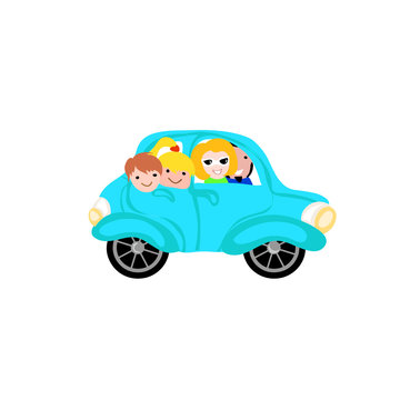 Family trip by vintage car sticker with flat illustration isolated on white background

