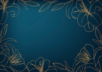 Abstract floral background with golden flowers Lily. Elegant and retro. 