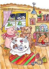 fairytale illustration of bear and pig. Bear and pig drink tea in the house, outside the winter. Watercolor illustration with animals