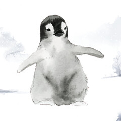 Obraz premium Młody pingwin cesarski w śniegu akwarela wektor