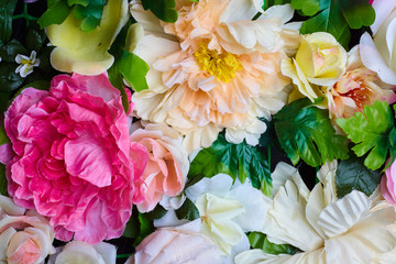 Colorful fabric flowers close up
