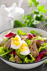 Tuna salad in bowl. Mediterranean food. Fresh salad with canned tuna fish. Healthy diet food