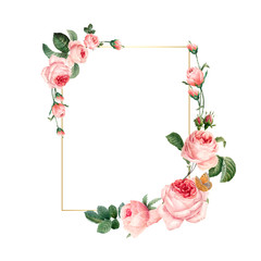 Blank rectangle pink roses frame on white background vector - obrazy, fototapety, plakaty