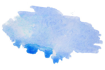 Blue watercolor stain, on white background isolated. Hand-drawn blot on white background isolated.