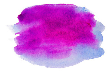 Magenta with blue paint blot spot watercolor hand-drawn on white background isolated