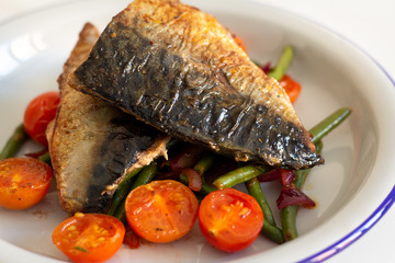 fried mackerel with vegetables.