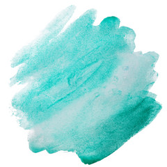 Aquamarine watercolor stain, isolated on white background. Hand-drawn blot on white background isolated. green with blue tint.
