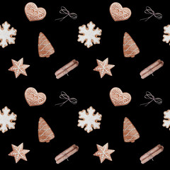seamless pattern with watercolor christmas ginger cookies