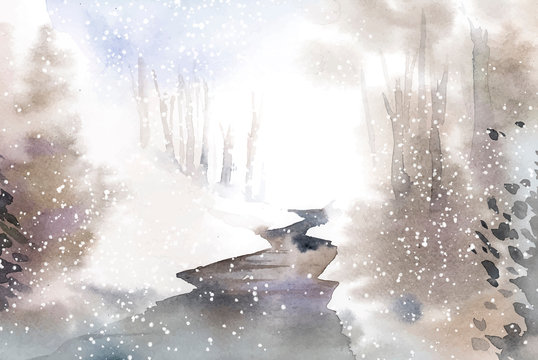 Winter wonderland landscape painted by watercolor vector