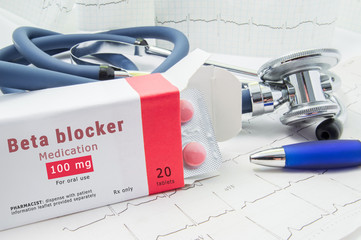 Beta blocker drug for treatment pathologies of heart and blood vessels. Packing of pills with...