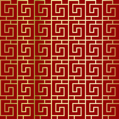 Repeating gold greek pattern on a red background. Seamless pattern. Red and gold swatch with meander. Vector illustration