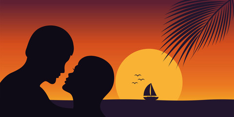 romantic kiss at sunset on the beach with sail boat and palm leaf vector illustration EPS10