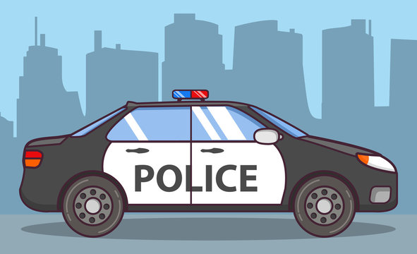 Police car side view. Patrol vehicle of emergency services beacon.Flat line art vector. Concept of design of a poster.