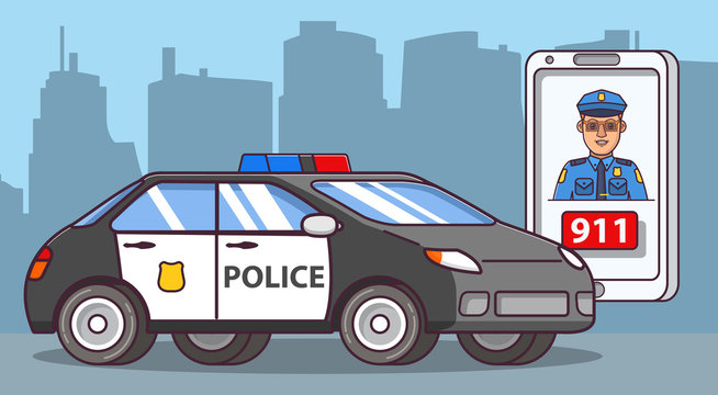 Police officer cartoon character. Police car side view. Patrol vehicle of emergency services beacon.Application smartphone emergency call.Flat line art vector. Concept of design of a poster.