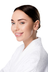 beautiful smiling woman in bathrobe isolated on white