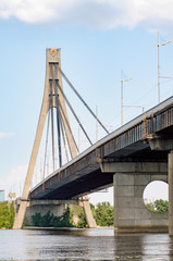 Obraz premium Detail of the pylon of the cable-stayed bridge Pivnichnyi (ex Moskovsky) bridge, built by Heorhii Fuks, in Kiev, Ukraine.