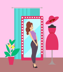 Woman Looking at Mannequin with Dress Store Vector