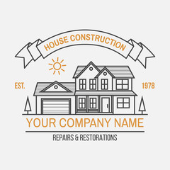 Fototapeta premium House construction company identity with suburban american house. Vector illustration. Thin line badge, sign for real estate, building and construction company related business.