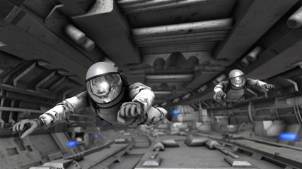 3D rendering illustration of dark spaceship interior. Astronauts moving through corridors.
