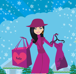 Beautiful girl on winter shopping, card
