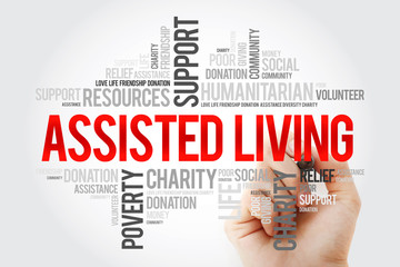 Assisted Living word cloud with marker, social concept background