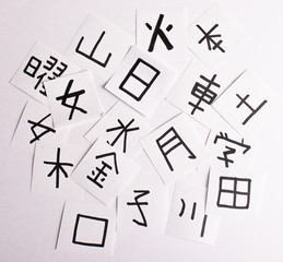 Sheets with a lot of chinese and japanese language characters (kanji) (translation - man, like, eye...