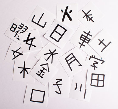 Sheets with a lot of chinese and japanese language characters (kanji) (translation - man, like, eye and others) - learning and practice
