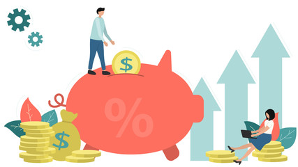 Business financial flat vector illustration. Piggy bank for money saving, profit analysis, income growth. Graphic design business concept. Growth chart, bags of money.