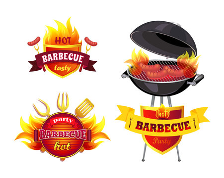 Hot BBQ Barbecue Tasty Set Vector Illustration
