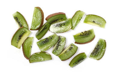 Kiwi fruit slices isolated on white background, top view
