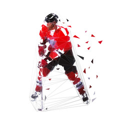 Fototapeta premium Hockey player, low polygonal ice skater in red jersey with puck, isolated vector illustration