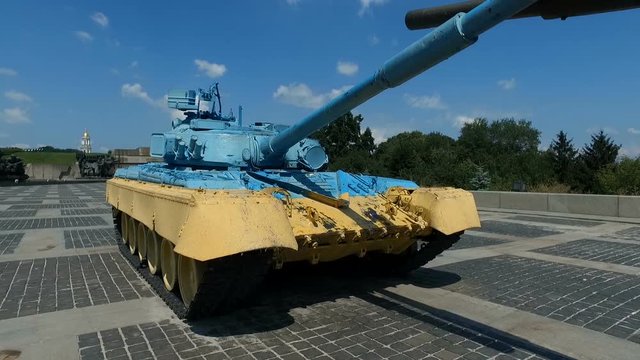 T-64 tank in the colors of the flag of Ukraine, Kiev
