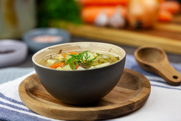 Cucumber soup made of pickled cucumbers with vegetables in the background