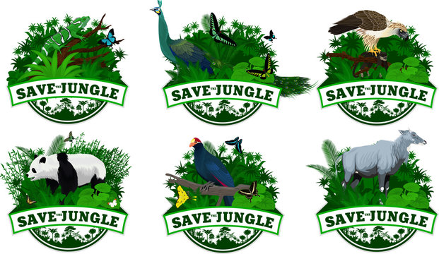 set of Vector Jungle Emblems with Ross's turaco,  giant panda bear, male Green peafowl, philippine Eagle, Fiji banded iguana, nilgai antelope and butterflies