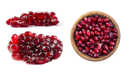 Set of pomegranate seeds. Pomegranate isolated on white background. Sweet and juicy garnet with copy space for text. Garnets isolated on white. Ripe pomegranates. Garnet with copy space for text.