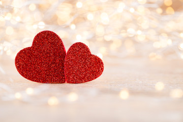 Fototapeta premium Red heart bokeh background, valentine day greeting card.