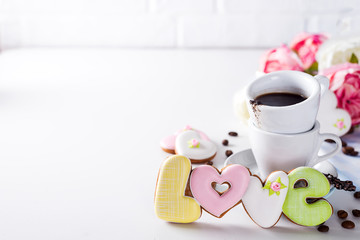 Shaped cookies Love and coffee cup gift on Valentine's Day or Mother's Day, gift, surprise, copy space
