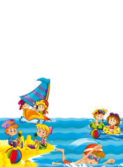 kids playing at the beach having fun by the sea or ocean - with space for text - illustration for children